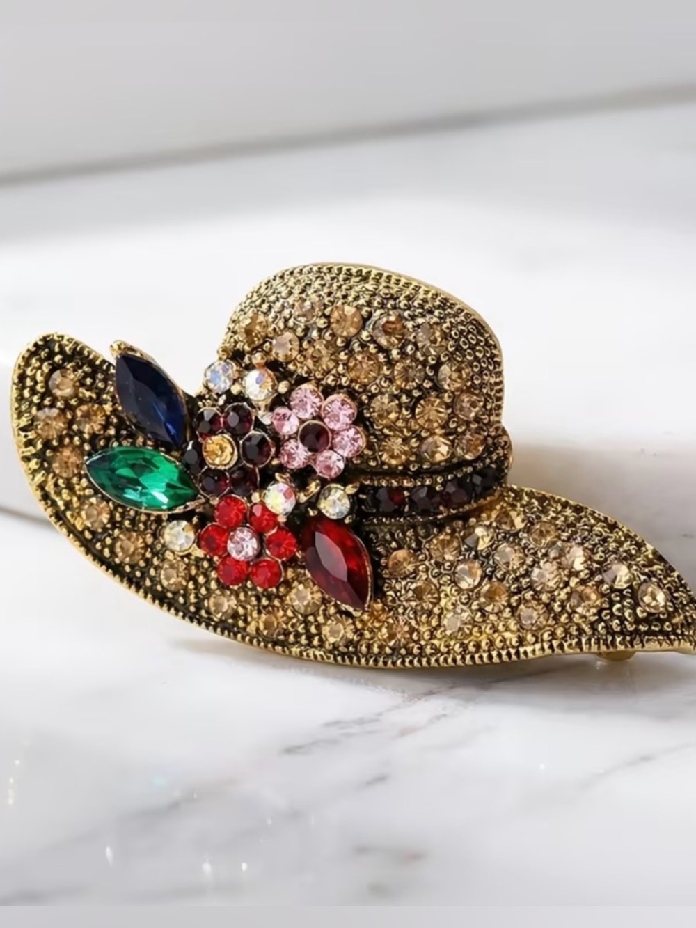 Vintage Style Rhinestone Hat Brooch | Gold Tone Pin